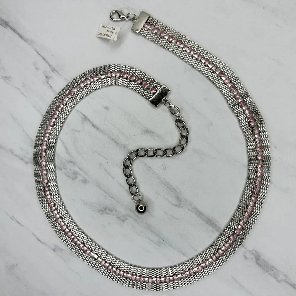 Pink Rhinestone Silver Tone Mesh Chain Belt Medium/Large (M/L) NWT w/ Defects ✨